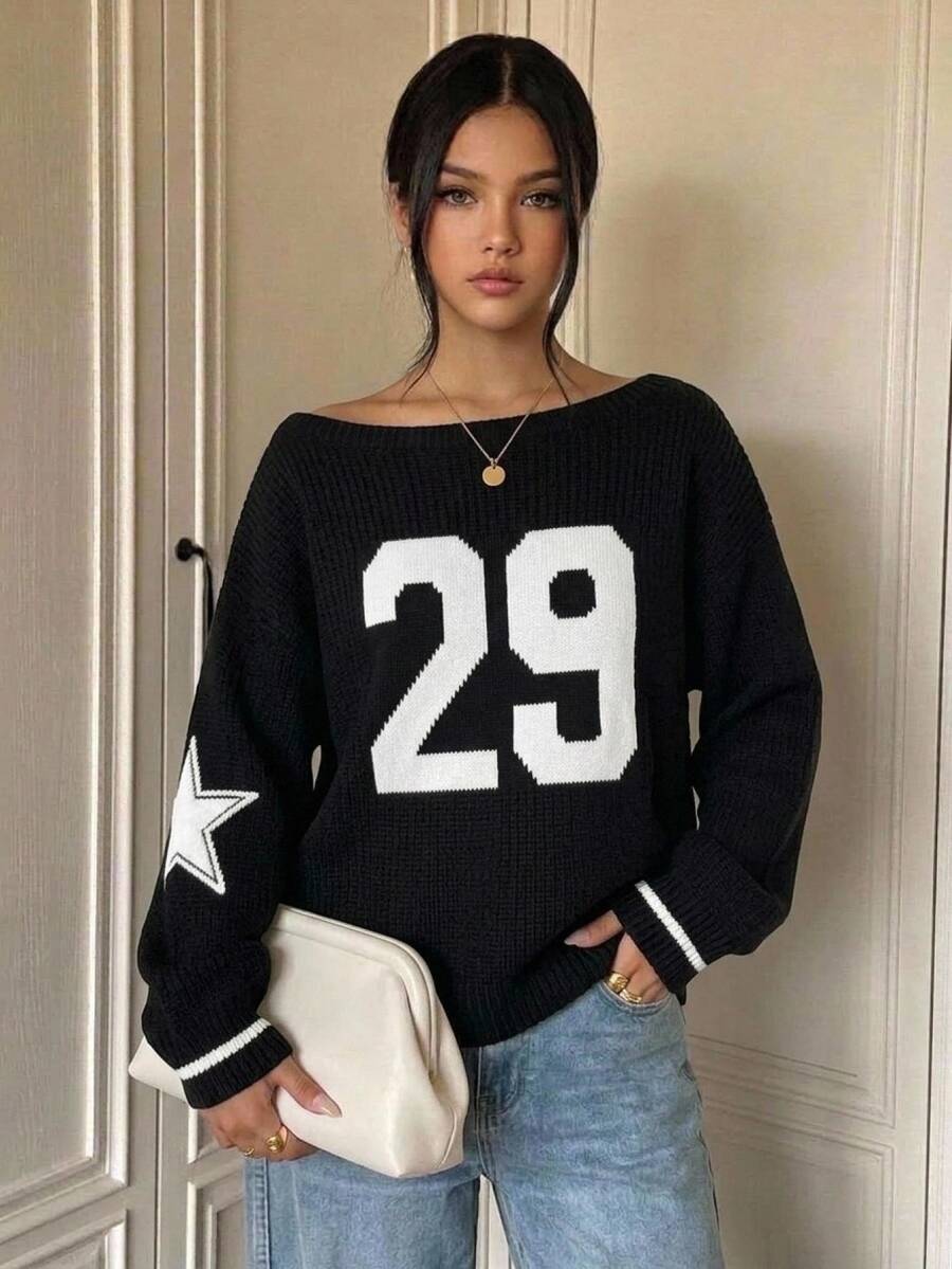 SHEIN Sweater Rajut Jacquard Digital untuk Remaja Perempuan, Busana Minimalis untuk Kembali ke Sekolah, Lengan Panjang, Atasan Musim Gugur, Sweater, Musim Dingin, Pakaian Jalanan, Kasual - Hitam - View 1