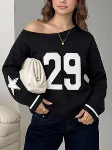 SHEIN Sweater Rajut Jacquard Digital untuk Remaja Perempuan, Busana Minimalis untuk Kembali ke Sekolah, Lengan Panjang, Atasan Musim Gugur, Sweater, Musim Dingin, Pakaian Jalanan, Kasual - Hitam - View 4