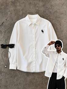 Neovey New Fashionable Loose Casual Streetwear Horse Embroidery Long Sleeve Men Shirt, Autumn Teachers' Day Office Business Black And White - White - View 6