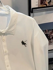 Neovey New Fashionable Loose Casual Streetwear Horse Embroidery Long Sleeve Men Shirt, Autumn Teachers' Day Office Business Black And White - White - View 4