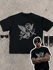 Neovey Men's Round Neck Angel Print Loose Casual Standard T-Shirt - Black - View 5