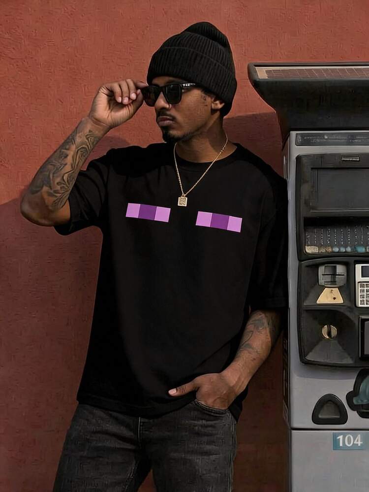 Neovey Men's Round Neck Short Sleeve T-Shirt, Fashionable For Summer Vacation Beach Purple And Black Streetwear - Black - View 1