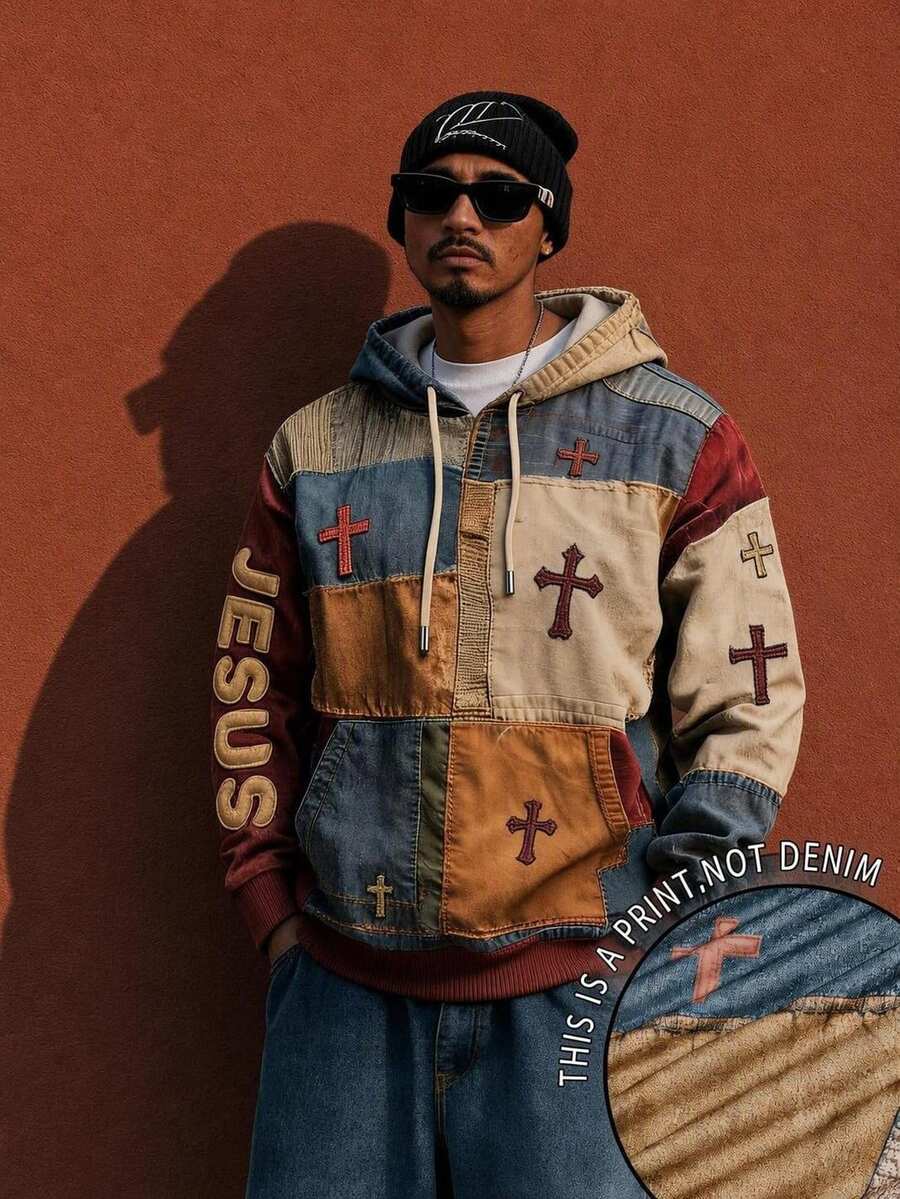 Neovey Men's Artistic Retro Patchwork Print Hoodie, Colorful Comfortable Top, JESUS Cross Faith Graphic Long Sleeve Sweatshirt, Suitable For Everyday Wear