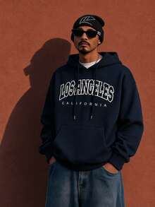 Neovey Men Letter Graphic Drawstring Thermal Lined Hoodie, For Fall Winter, Long Sleeve Top - Navy Blue - View 1