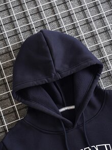 Neovey Men Letter Graphic Drawstring Thermal Lined Hoodie, For Fall Winter, Long Sleeve Top - Navy Blue - View 7