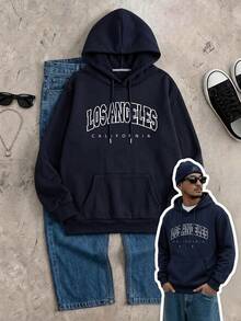 Neovey Men Letter Graphic Drawstring Thermal Lined Hoodie, For Fall Winter, Long Sleeve Top - Navy Blue - View 9