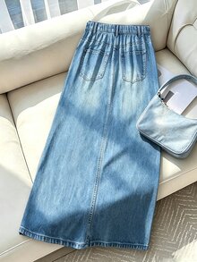 GlowEve CURVE [丹寧效果] 大尺碼女款休閒復古丹寧效果 A 字長裙，百搭街頭風，時尚日常穿著長裙，適合春夏秋冬 - 藍色 - 查看 3