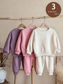 SHEIN Kids 3pcs/Set Young Girl Knit Solid Color Crew Neck Fitted Casual Sweatshirt Fall Style Autumn/Winter Cozy Vibes, Fall Vibes - Multicolor - View 7
