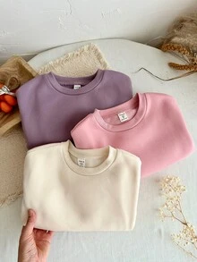 SHEIN Kids 3pcs/Set Young Girl Knit Solid Color Crew Neck Fitted Casual Sweatshirt Fall Style Autumn/Winter Cozy Vibes, Fall Vibes - Multicolor - View 8