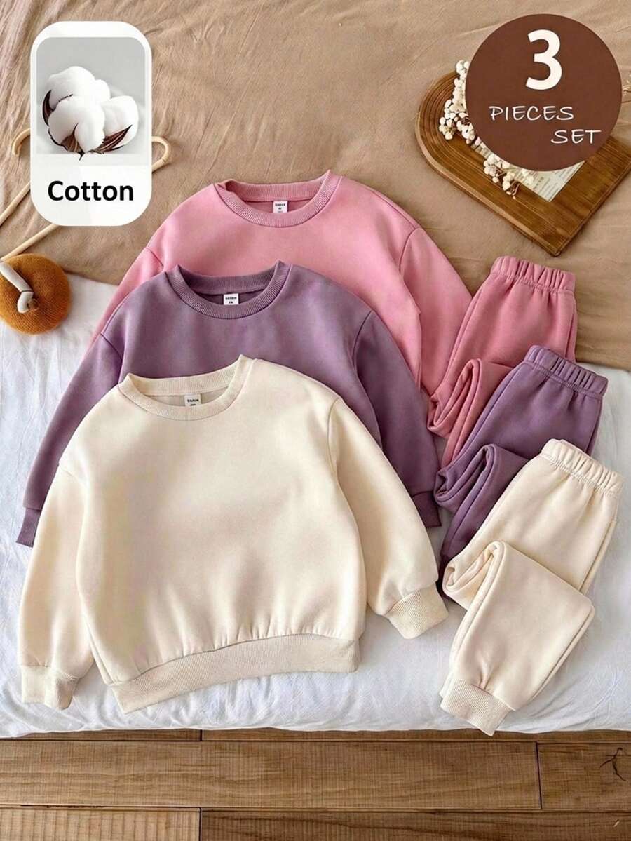 SHEIN Kids 3pcs/Set Young Girl Knit Solid Color Crew Neck Fitted Casual Sweatshirt Fall Style Autumn/Winter Cozy Vibes, Fall Vibes - Multicolor - View 1