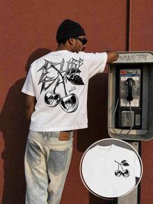 Neovey Silver Cherry Letter Graphic Print Short Sleeve Casual Crew Neck Top, Men - White - View 1