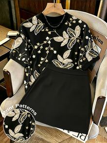 GlowEve CURVE [Printed Design] Plus Size Black And Gold Embroidery Pearl Decor Printed T-Shirt Short Sleeve Top And Mini Skirt Summer Elegant Date Night Casual Set, Vacation - Black - View 1