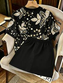 GlowEve CURVE [Printed Design] Plus Size Black And Gold Embroidery Pearl Decor Printed T-Shirt Short Sleeve Top And Mini Skirt Summer Elegant Date Night Casual Set, Vacation - Black - View 3