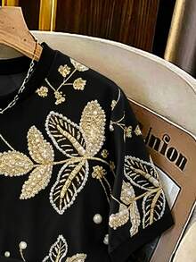 GlowEve CURVE [Printed Design] Plus Size Black And Gold Embroidery Pearl Decor Printed T-Shirt Short Sleeve Top And Mini Skirt Summer Elegant Date Night Casual Set, Vacation - Black - View 6