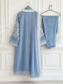 Linhara [Printed Design] 3pcs/Set Women Plus Size V-Neck Printed Casual Dress, With Shawl And Solid Color Pants Suit Pakistani Clothes Set, Fall - Blue and White - View 3