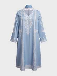 Linhara [Printed Design] 3pcs/Set Women Plus Size V-Neck Printed Casual Dress, With Shawl And Solid Color Pants Suit Pakistani Clothes Set, Fall - Blue and White - View 8