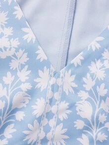 Linhara [Printed Design] 3pcs/Set Women Plus Size V-Neck Printed Casual Dress, With Shawl And Solid Color Pants Suit Pakistani Clothes Set, Fall - Blue and White - View 6