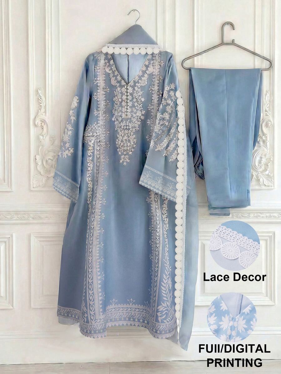 Linhara [Printed Design] 3pcs/Set Women Plus Size V-Neck Printed Casual Dress, With Shawl And Solid Color Pants Suit Pakistani Clothes Set, Fall - Blue and White - View 1