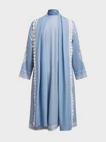 Linhara [Printed Design] 3pcs/Set Women Plus Size V-Neck Printed Casual Dress, With Shawl And Solid Color Pants Suit Pakistani Clothes Set, Fall - Blue and White - View 4