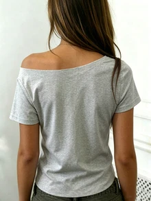 Rovax Fitted Short Solid Color Asymmetric Collar Summer Short Sleeve T-Shirt - Grey - View 2