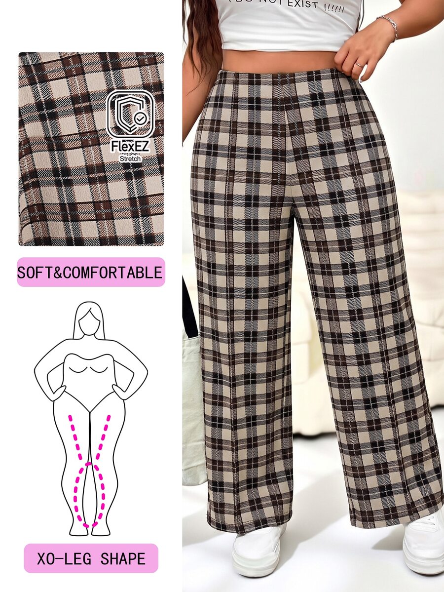 Solflare New Fall/Winter Plus Size Vintage Multi-Color Plaid Knit Print Loose Pants For Outings, School, Office & Casual Wear - Multicolor - View 1