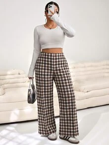 Solflare New Fall/Winter Plus Size Vintage Multi-Color Plaid Knit Print Loose Pants For Outings, School, Office & Casual Wear - Multicolor - View 4