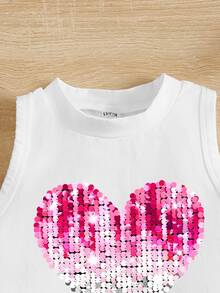 SHEIN [Printed Design] Young Girls Casual Heart Pattern Sleeveless Tank Top, Suitable For Summer - White - View 3