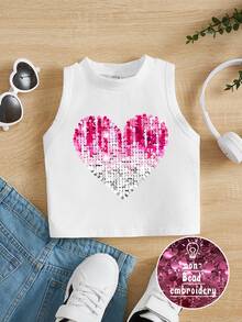 SHEIN [Printed Design] Young Girls Casual Heart Pattern Sleeveless Tank Top, Suitable For Summer - White - View 1