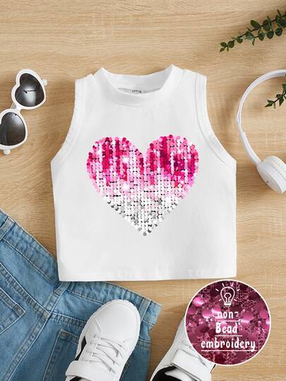 SHEIN [Printed Design] Young Girls Casual Heart Pattern Sleeveless Tank Top, Suitable For Summer