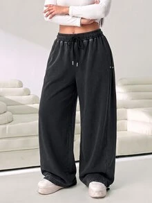 Solflare New Fall/Winter Plus Size Black Vintage Snow-Wash Cotton-Feel Soft Loose Drawstring Sweatpants For Outings, School, Work, Home & Casual Wear - Black - View 8