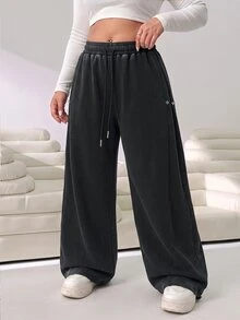 Solflare New Fall/Winter Plus Size Black Vintage Snow-Wash Cotton-Feel Soft Loose Drawstring Sweatpants For Outings, School, Work, Home & Casual Wear - Black - View 3