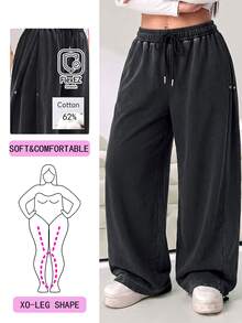 Solflare New Fall/Winter Plus Size Black Vintage Snow-Wash Cotton-Feel Soft Loose Drawstring Sweatpants For Outings, School, Work, Home & Casual Wear - Black - View 1