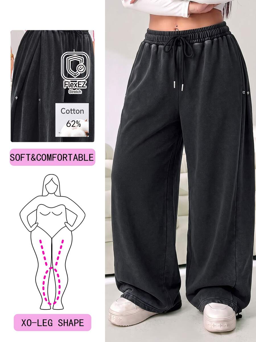 Solflare New Fall/Winter Plus Size Black Vintage Snow-Wash Cotton-Feel Soft Loose Drawstring Sweatpants For Outings, School, Work, Home & Casual Wear - Black - View 1