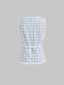 SHEIN MOD 1件女款千鳥格單排扣復古針織上衣 藍色 - 藍色 - 查看 3