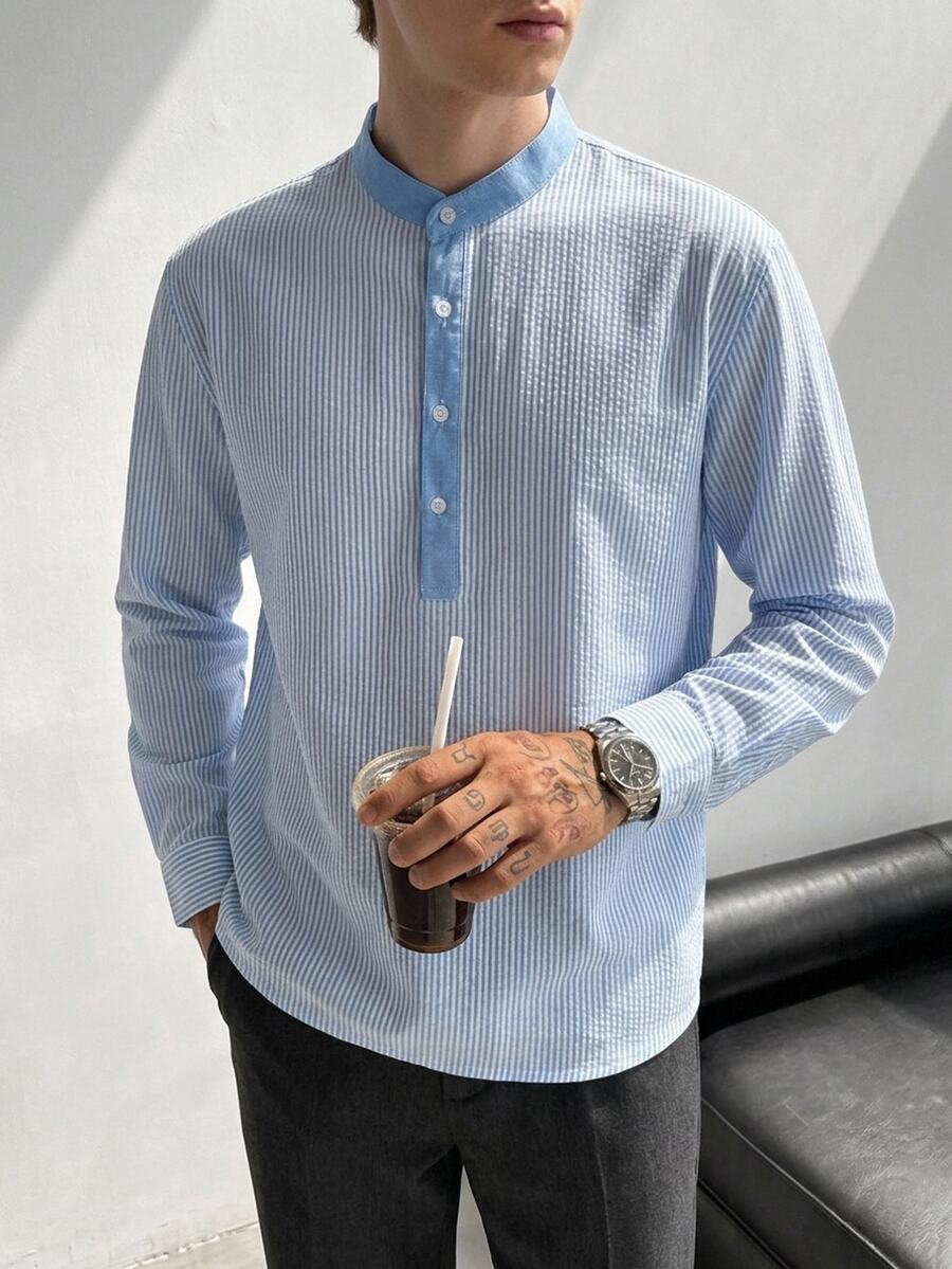 Manfinity Homme قميص بولو رجالي مخطط كاجوال للتنقل بأكمام طويلة بأسلوب رسمي قديم مناسب للشراء بالجملة - الأزرق - مشاهدة 1
