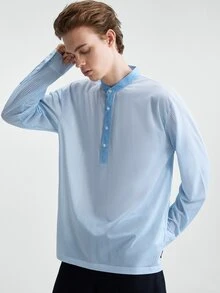 Manfinity Homme قميص بولو رجالي مخطط كاجوال للتنقل بأكمام طويلة بأسلوب رسمي قديم مناسب للشراء بالجملة - الأزرق - مشاهدة 5