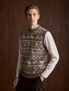Manfinity Homme 男士圓領無袖鹿紋針織背心，聖誕元素，可愛聖誕套頭毛衣，中性風格，秋冬款 - 彩色 - 查看 3