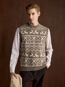 Manfinity Homme 男士圓領無袖鹿紋針織背心，聖誕元素，可愛聖誕套頭毛衣，中性風格，秋冬款 - 彩色 - 查看 6