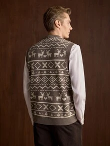 Manfinity Homme 男士圓領無袖鹿紋針織背心，聖誕元素，可愛聖誕套頭毛衣，中性風格，秋冬款 - 彩色 - 查看 2