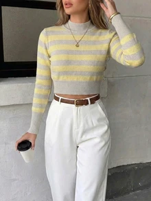 SHEIN Crew Neck Yellow Grey Colorblock Striped Fitted Cropped Pullover Sweater, Autumn/Winter Brunch French Casual - Grey - View 6
