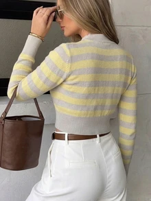 SHEIN Crew Neck Yellow Grey Colorblock Striped Fitted Cropped Pullover Sweater, Autumn/Winter Brunch French Casual - Grey - View 3