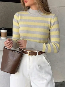 SHEIN Crew Neck Yellow Grey Colorblock Striped Fitted Cropped Pullover Sweater, Autumn/Winter Brunch French Casual - Grey - View 7