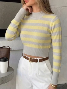 SHEIN Crew Neck Yellow Grey Colorblock Striped Fitted Cropped Pullover Sweater, Autumn/Winter Brunch French Casual - Grey - View 8