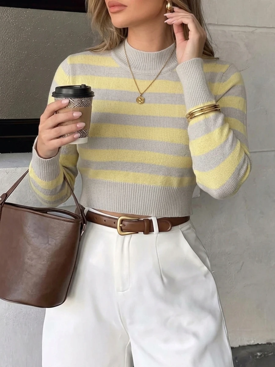 SHEIN Crew Neck Yellow Grey Colorblock Striped Fitted Cropped Pullover Sweater, Autumn/Winter Brunch French Casual