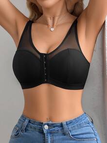 SHEIN 1pc Casual Minimalist Seamless Bra With Adjustable Wide Straps & Metal Rings, Front Closure, Wire-Free, Nylon For Women - Black - View 7