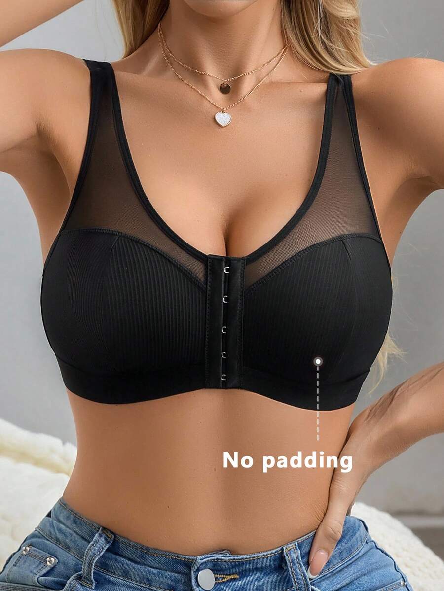 SHEIN 1pc Casual Minimalist Seamless Bra With Adjustable Wide Straps & Metal Rings, Front Closure, Wire-Free, Nylon For Women - Black - View 1