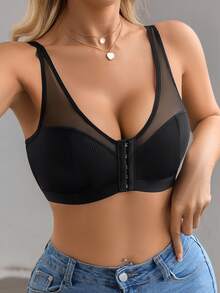 SHEIN 1pc Casual Minimalist Seamless Bra With Adjustable Wide Straps & Metal Rings, Front Closure, Wire-Free, Nylon For Women - Black - View 5