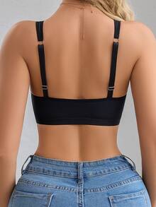 SHEIN 1pc Casual Minimalist Seamless Bra With Adjustable Wide Straps & Metal Rings, Front Closure, Wire-Free, Nylon For Women - Black - View 2