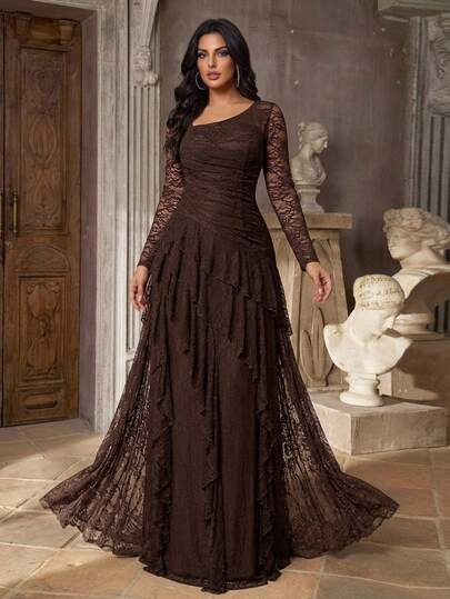 Aureia Plus Size Elegant Romantic Coffee Color Asymmetrical Neckline Long Sleeve Sheer Waist Twist Decor Ruffle Hem Mermaid Tail Fitted Evening Gown Suitable For Influencer Wedding Party Celebration Heavy Work Design