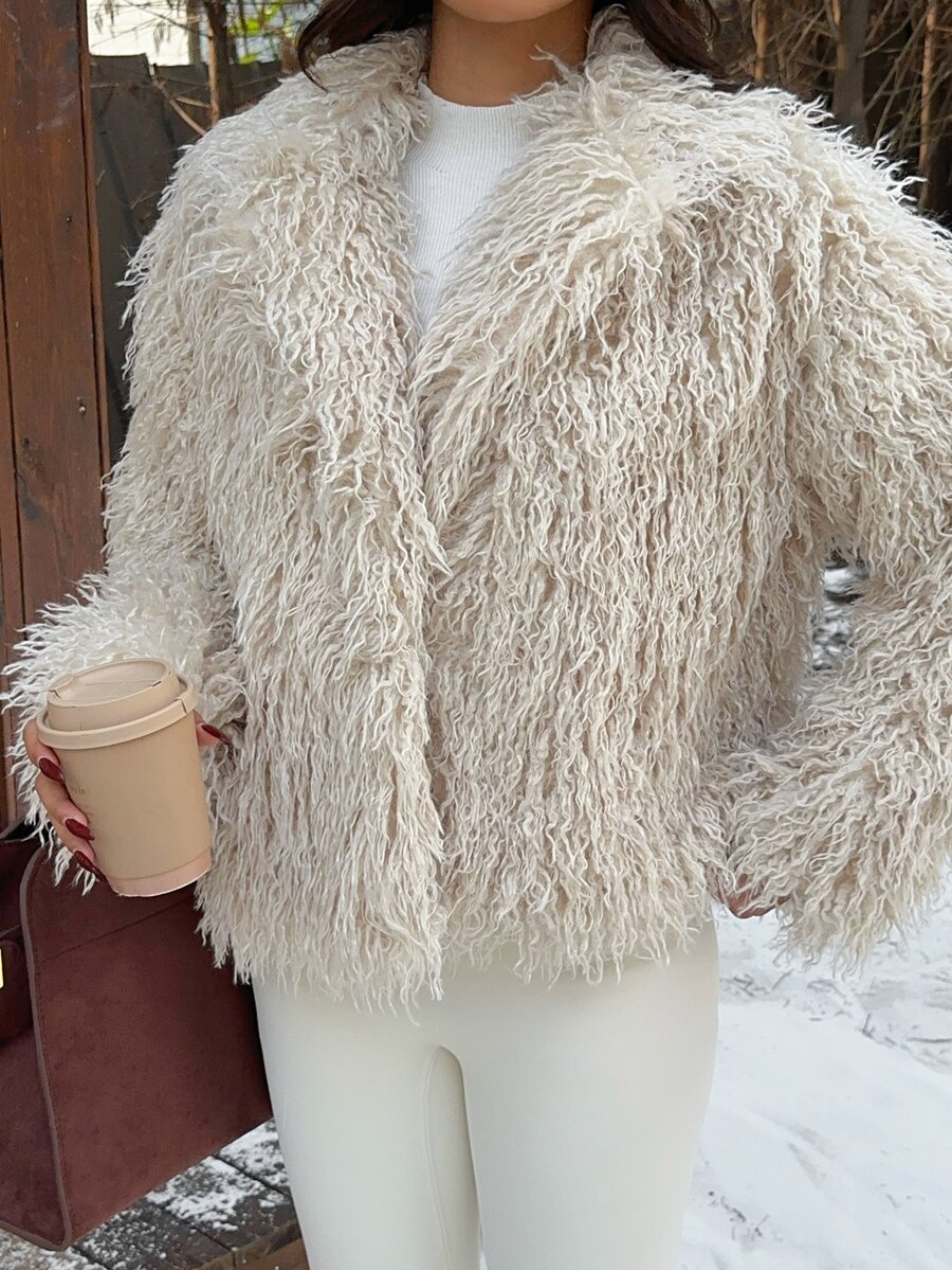 SHEIN EZwear 女款素色長袖秋冬人造毛大衣 - 灰色 - 查看 1